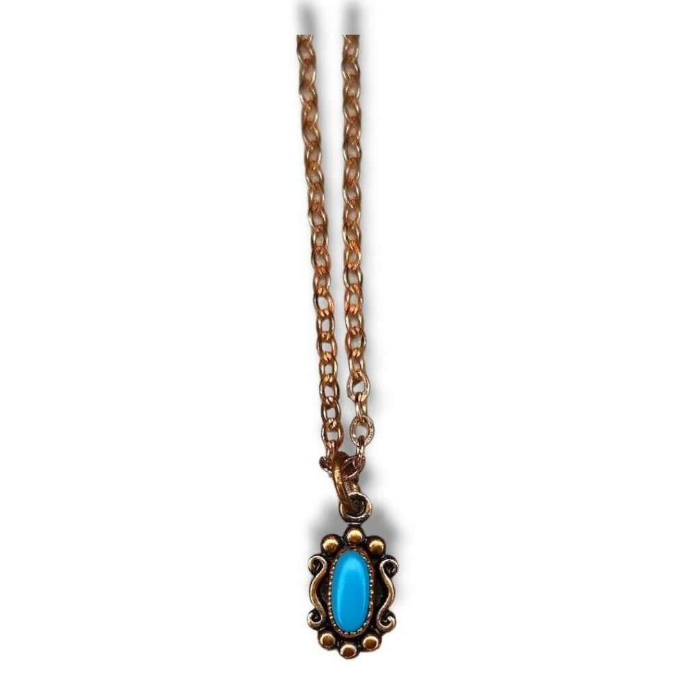 Vintage Faux Turquoise And Copper Tone Pendant Necklace Filigree